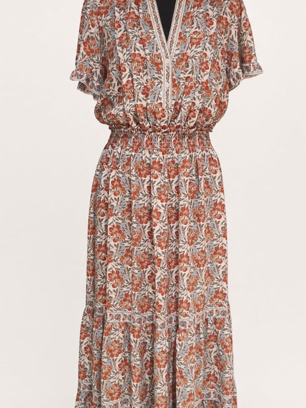 Max Studio London Rust Floral Smocked Maxi Dress M